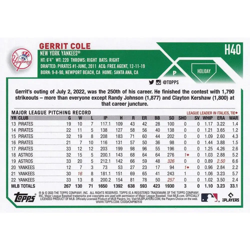 2023 Topps Holiday Gerrit Cole H40 New York Yankees
